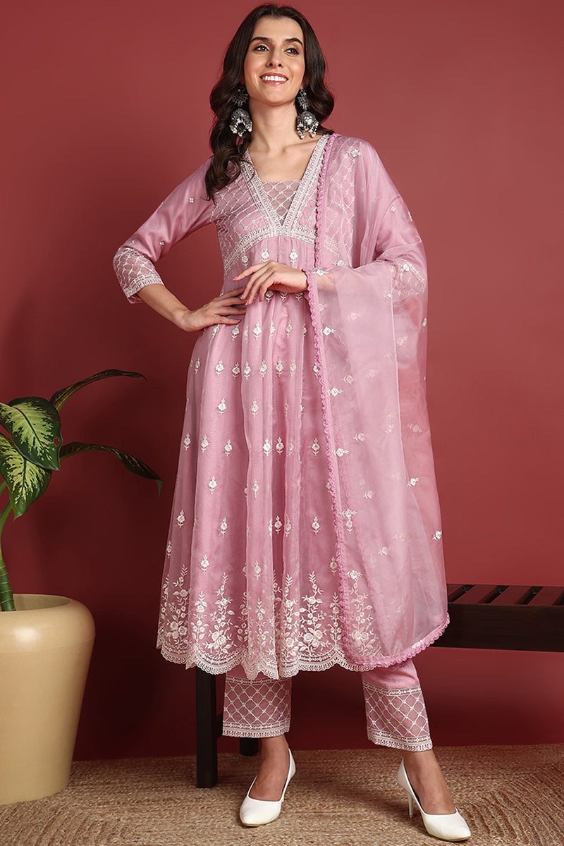 Pink-Organza-Solid-Embroidered-Anarkali-Set