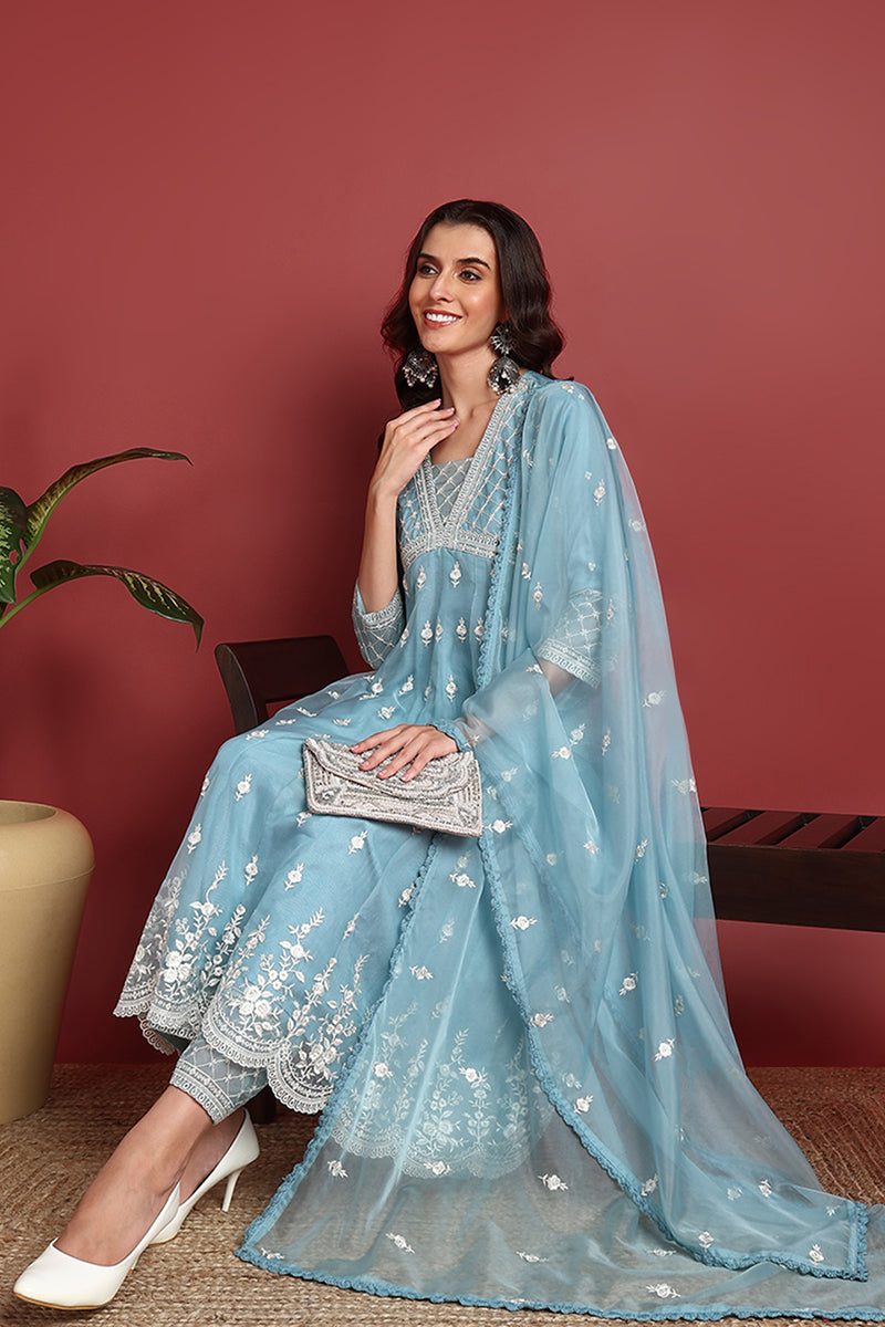 Blue-Organza-Solid-Embroidered-Anarkali-Set