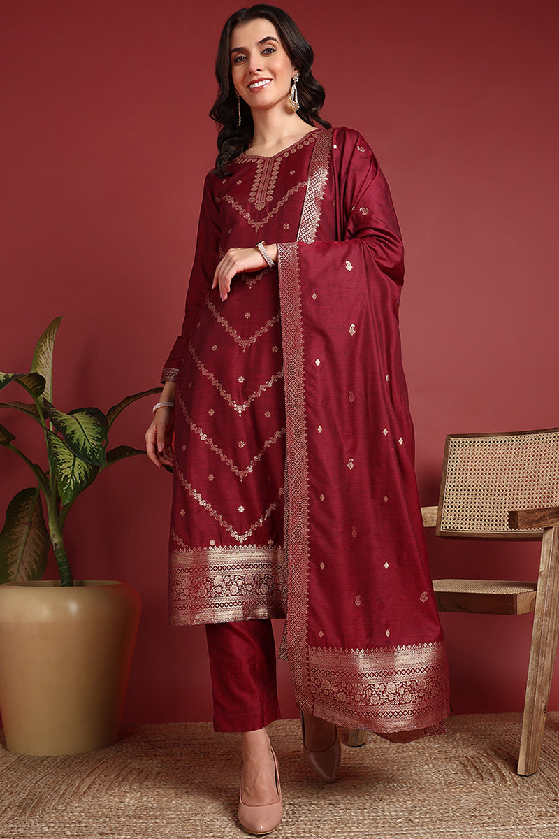 Maroon-Silk-Blend-Motifs-Straight-3-Piece-Kurta-Set