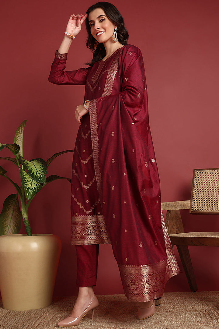 Maroon-Silk-Blend-Motifs-Straight-3-Piece-Kurta-Set