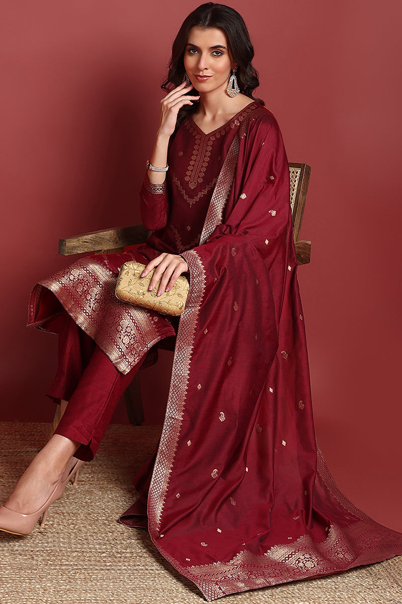 Maroon-Silk-Blend-Motifs-Straight-3-Piece-Kurta-Set