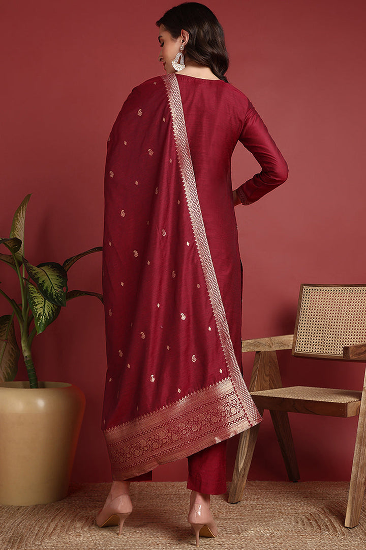Maroon-Silk-Blend-Motifs-Straight-3-Piece-Kurta-Set