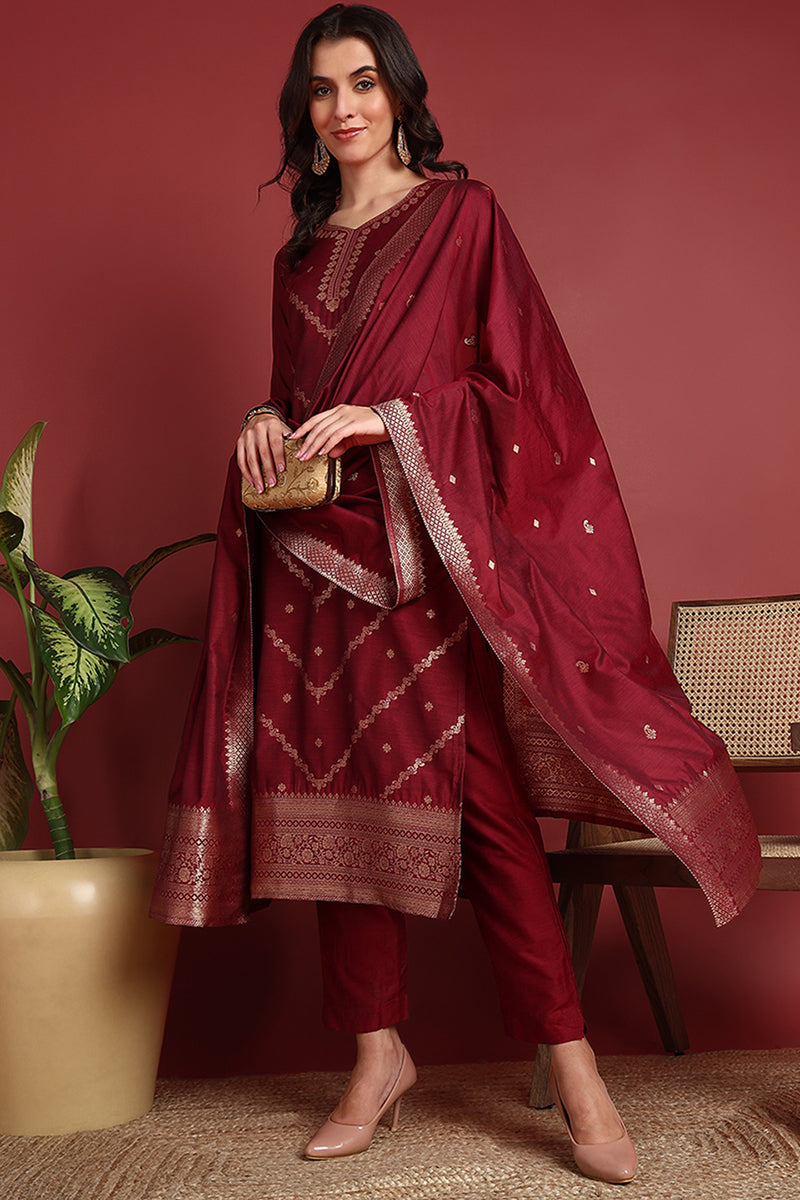 Maroon-Silk-Blend-Motifs-Straight-3-Piece-Kurta-Set