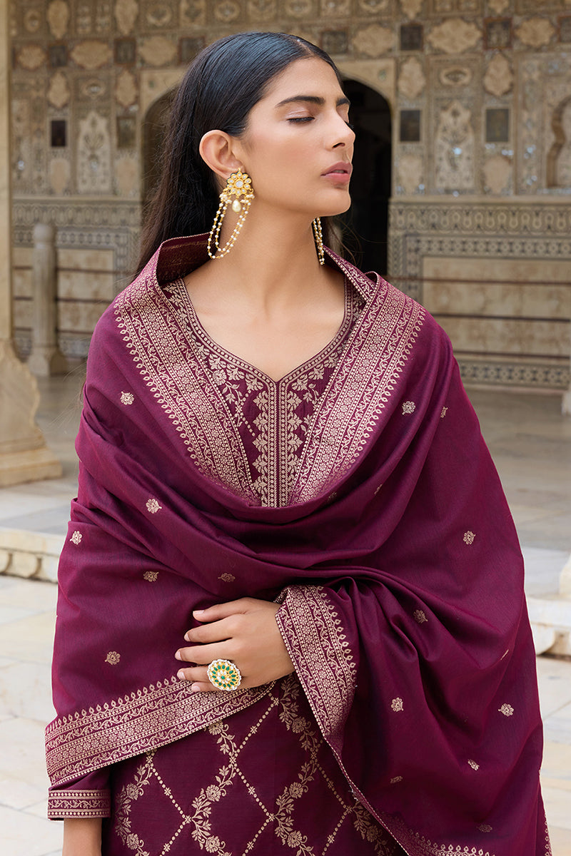 Burgundy-Silk-Blend-Motifs-Design-Straight-3-Piece-Kurta-Set