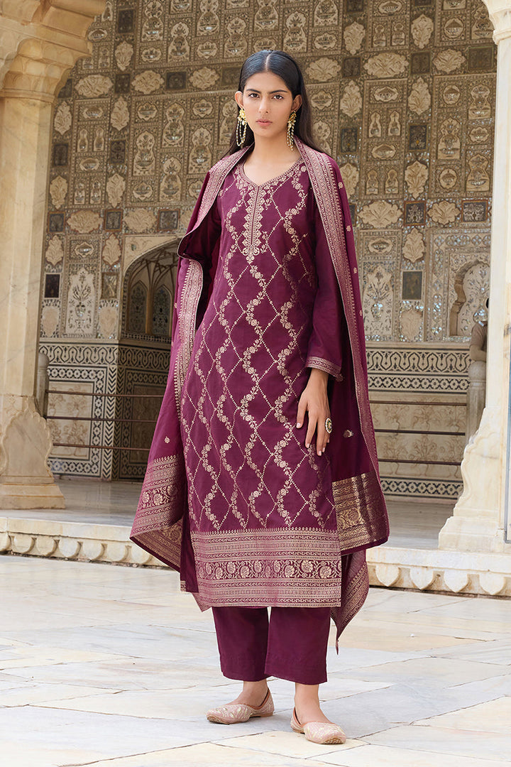 Burgundy-Silk-Blend-Motifs-Design-Straight-3-Piece-Kurta-Set