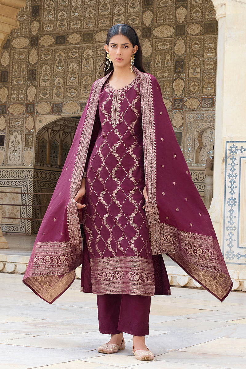 Burgundy-Silk-Blend-Motifs-Design-Straight-3-Piece-Kurta-Set