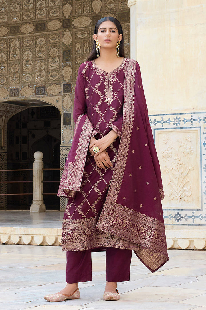 Burgundy-Silk-Blend-Motifs-Design-Straight-3-Piece-Kurta-Set