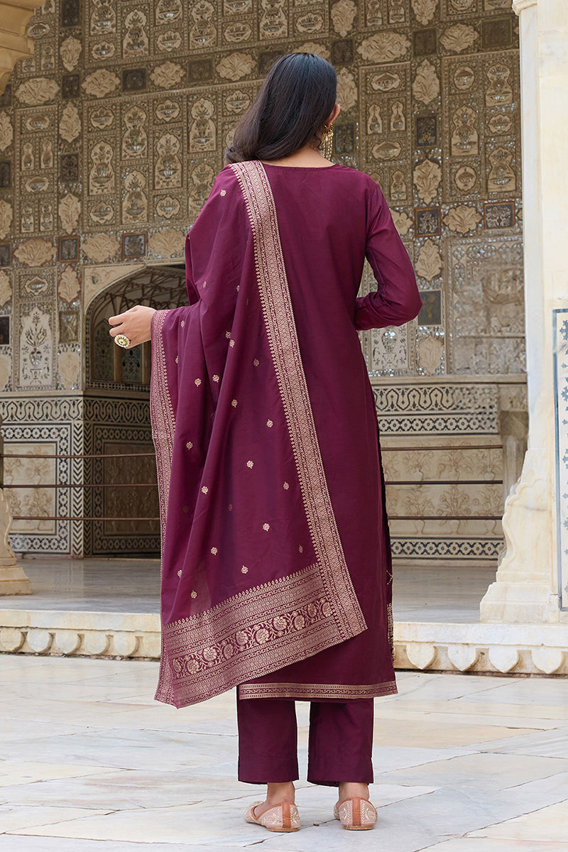 Burgundy-Silk-Blend-Motifs-Design-Straight-3-Piece-Kurta-Set