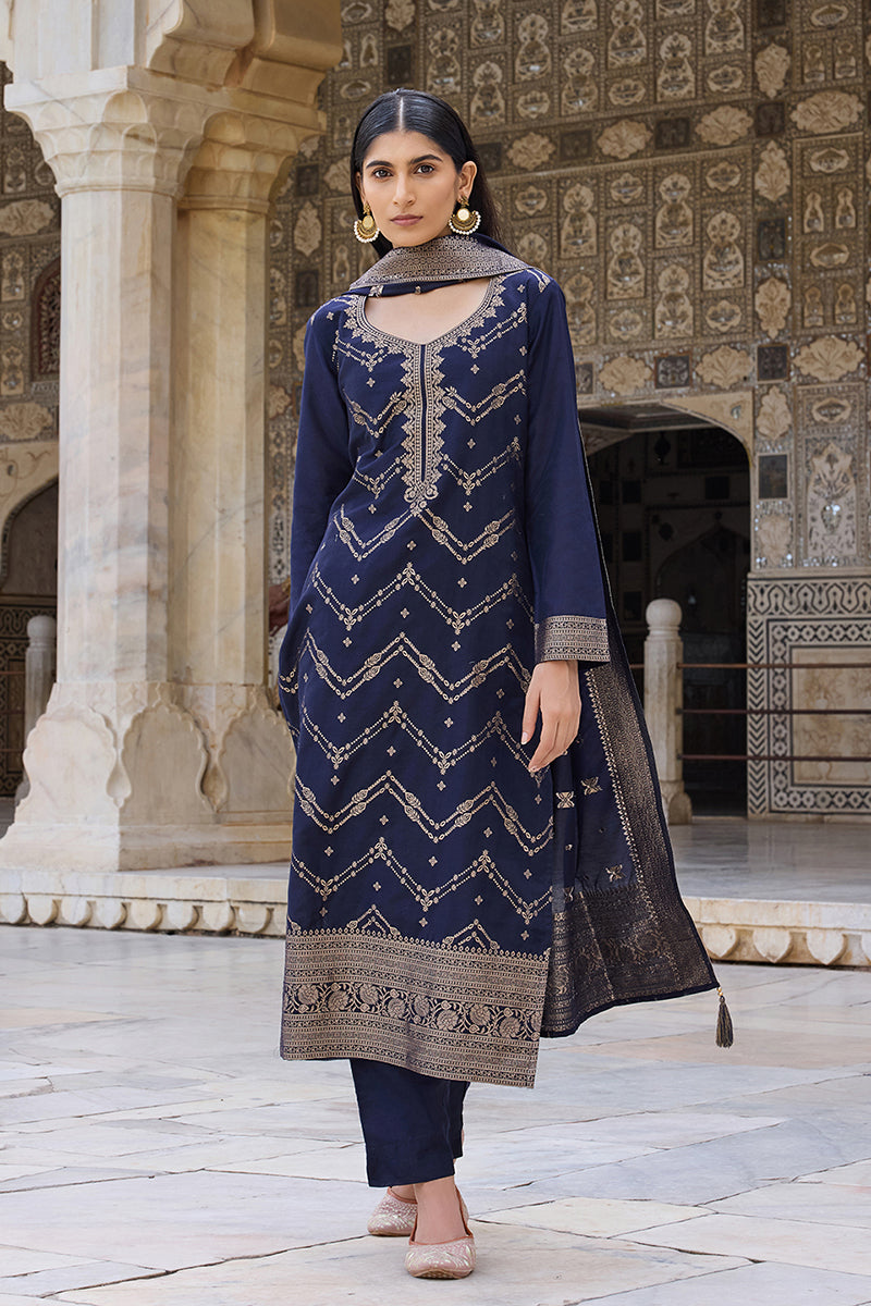 Navy-Blue-Silk-Blend-Motifs-Design-Straight-3-Piece-Kurta-Set