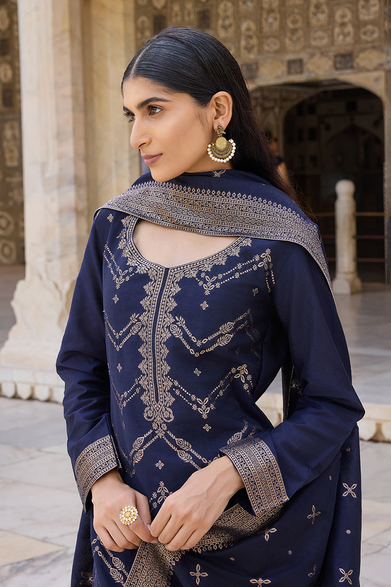 Navy-Blue-Silk-Blend-Motifs-Design-Straight-3-Piece-Kurta-Set