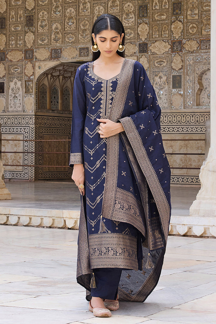 Navy-Blue-Silk-Blend-Motifs-Design-Straight-3-Piece-Kurta-Set