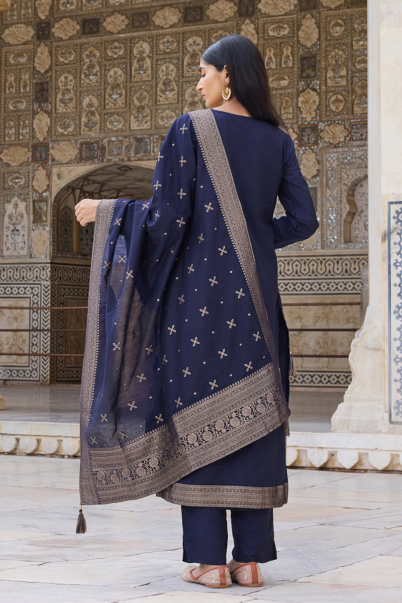 Navy-Blue-Silk-Blend-Motifs-Design-Straight-3-Piece-Kurta-Set