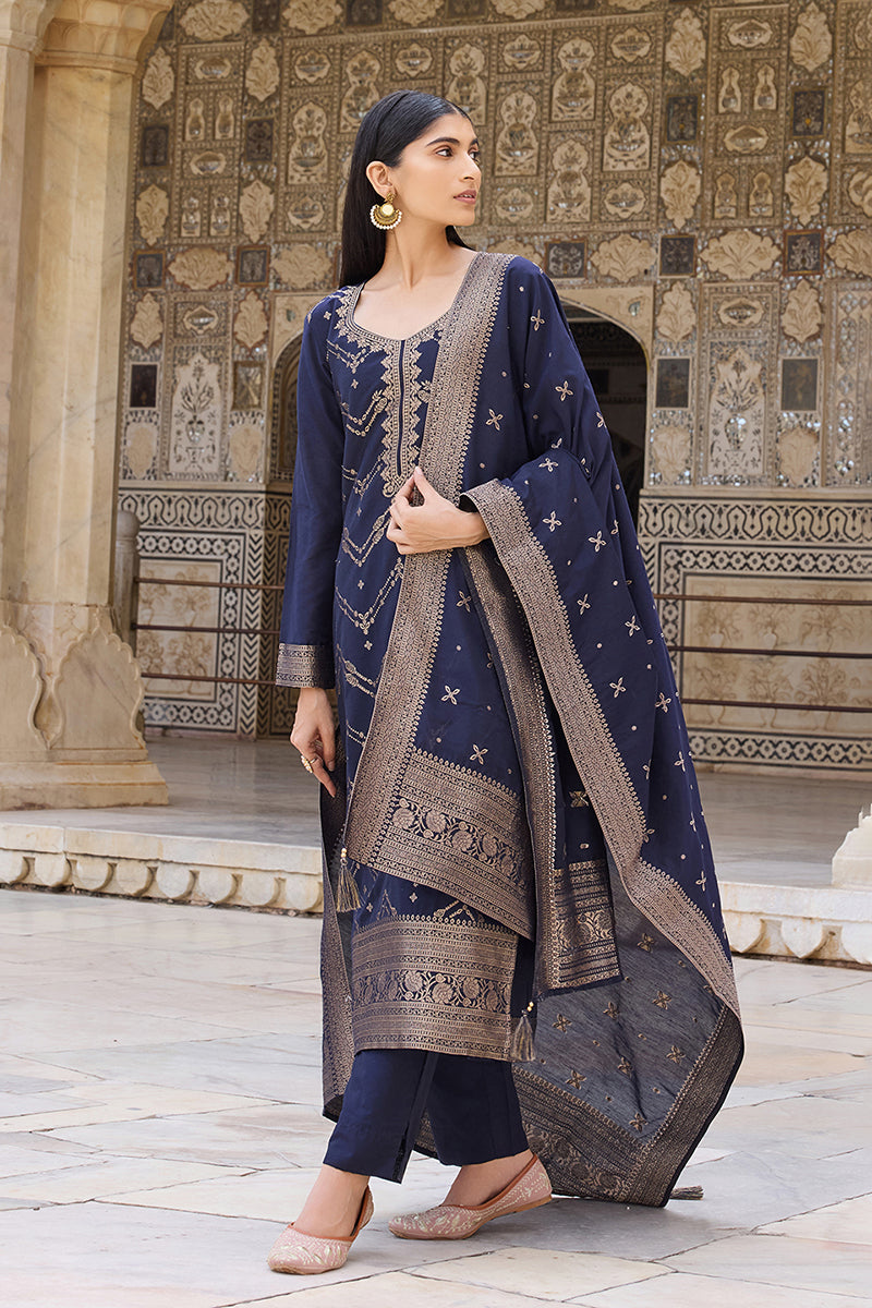 Navy-Blue-Silk-Blend-Motifs-Design-Straight-3-Piece-Kurta-Set