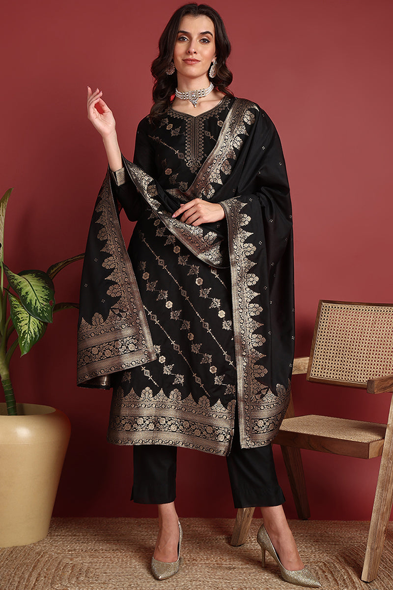 Black-Silk-Blend-Motifs-Straight-3-Piece-Kurta-Set