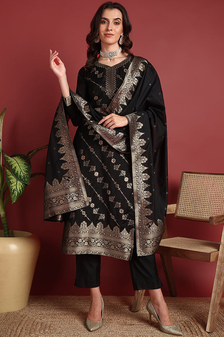 Black-Silk-Blend-Motifs-Straight-3-Piece-Kurta-Set