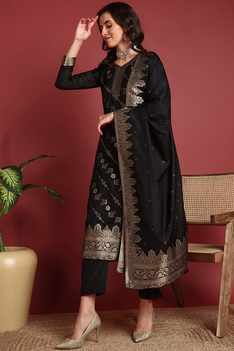 Black-Silk-Blend-Motifs-Straight-3-Piece-Kurta-Set