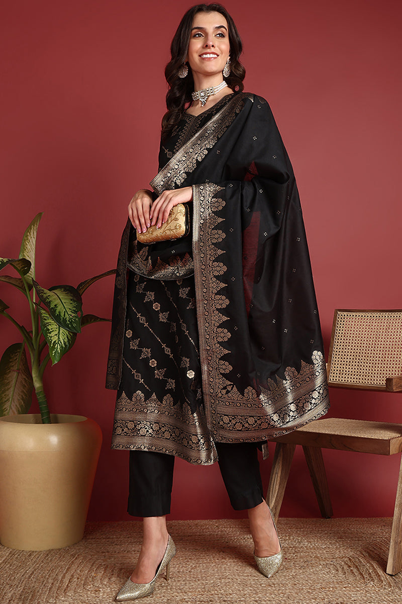 Black-Silk-Blend-Motifs-Straight-3-Piece-Kurta-Set
