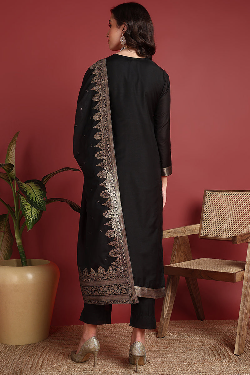 Black-Silk-Blend-Motifs-Straight-3-Piece-Kurta-Set