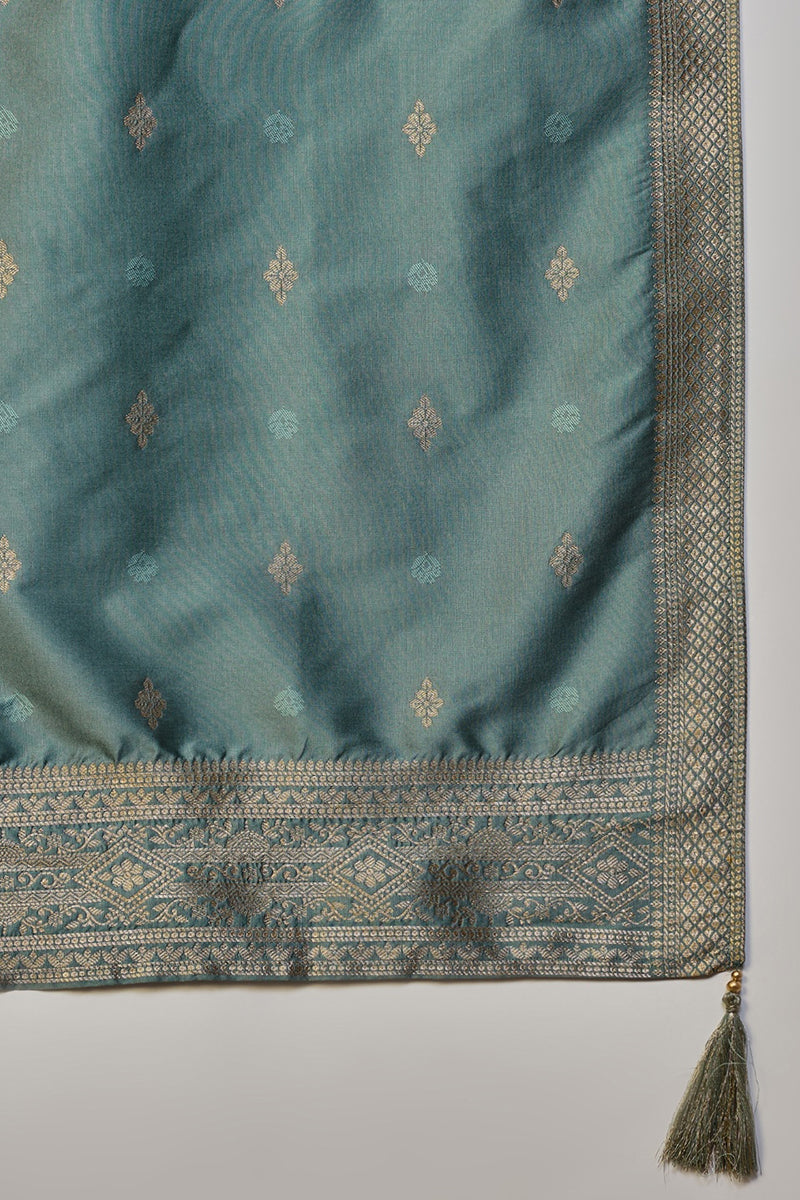 Teal-Silk-Blend-Motifs-Woven-Design-Straight-3-Piece-Kurta-Set