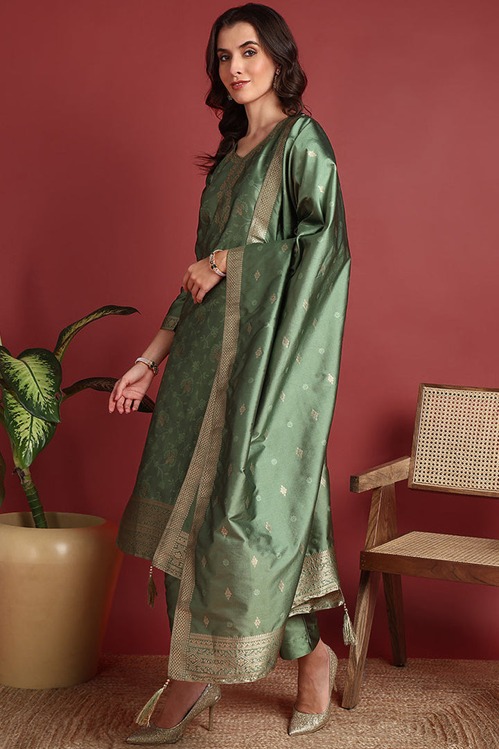 Green-Silk-Blend-Motifs-Woven-Design-Straight-3-Piece-Kurta-Set