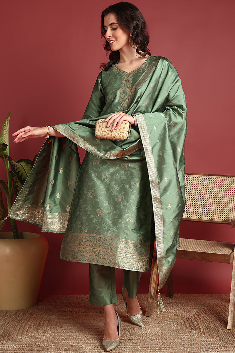 Green-Silk-Blend-Motifs-Woven-Design-Straight-3-Piece-Kurta-Set