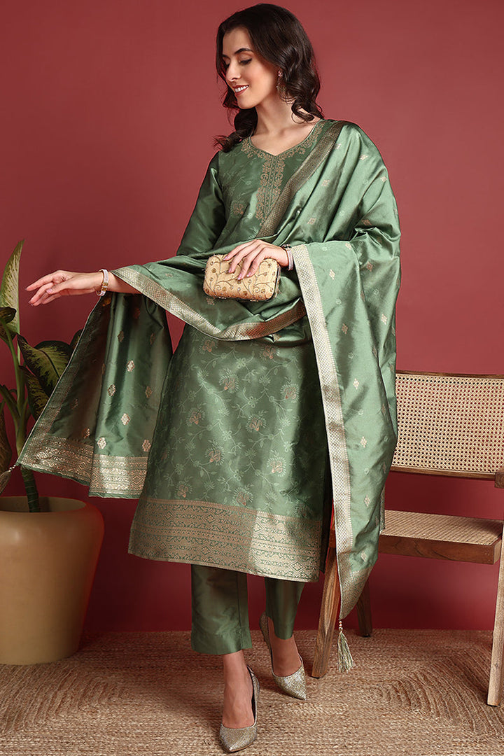 Green-Silk-Blend-Motifs-Woven-Design-Straight-3-Piece-Kurta-Set