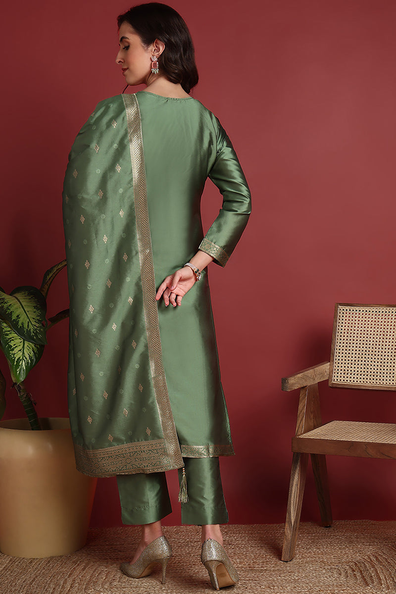 Green-Silk-Blend-Motifs-Woven-Design-Straight-3-Piece-Kurta-Set