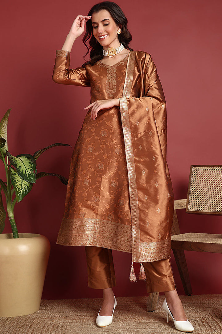 Brown-Silk-Blend-Motifs-Woven-Design-Straight-3-Piece-Kurta-Set