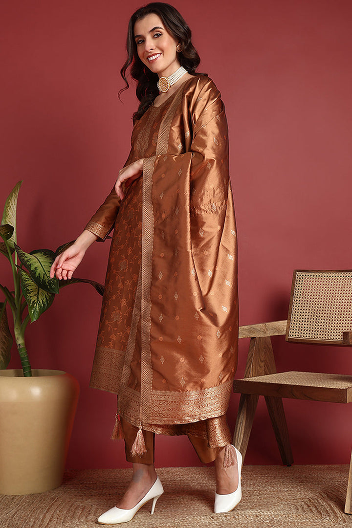 Brown-Silk-Blend-Motifs-Woven-Design-Straight-3-Piece-Kurta-Set