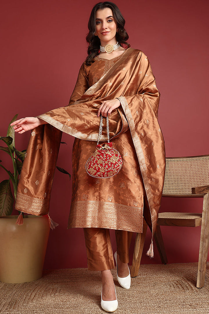 Brown-Silk-Blend-Motifs-Woven-Design-Straight-3-Piece-Kurta-Set