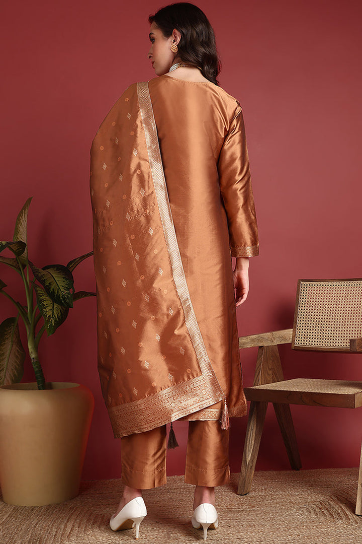 Brown-Silk-Blend-Motifs-Woven-Design-Straight-3-Piece-Kurta-Set