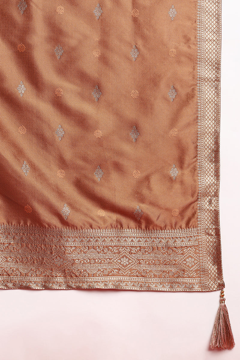 Brown-Silk-Blend-Motifs-Woven-Design-Straight-3-Piece-Kurta-Set