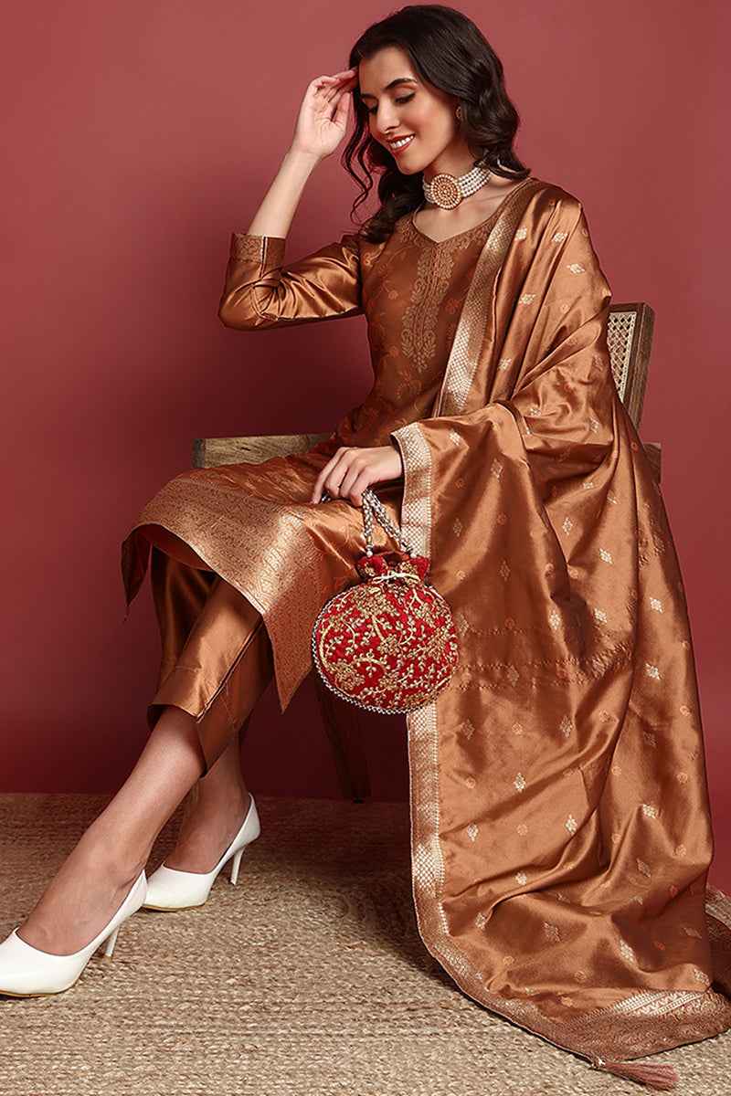 Brown-Silk-Blend-Motifs-Woven-Design-Straight-3-Piece-Kurta-Set