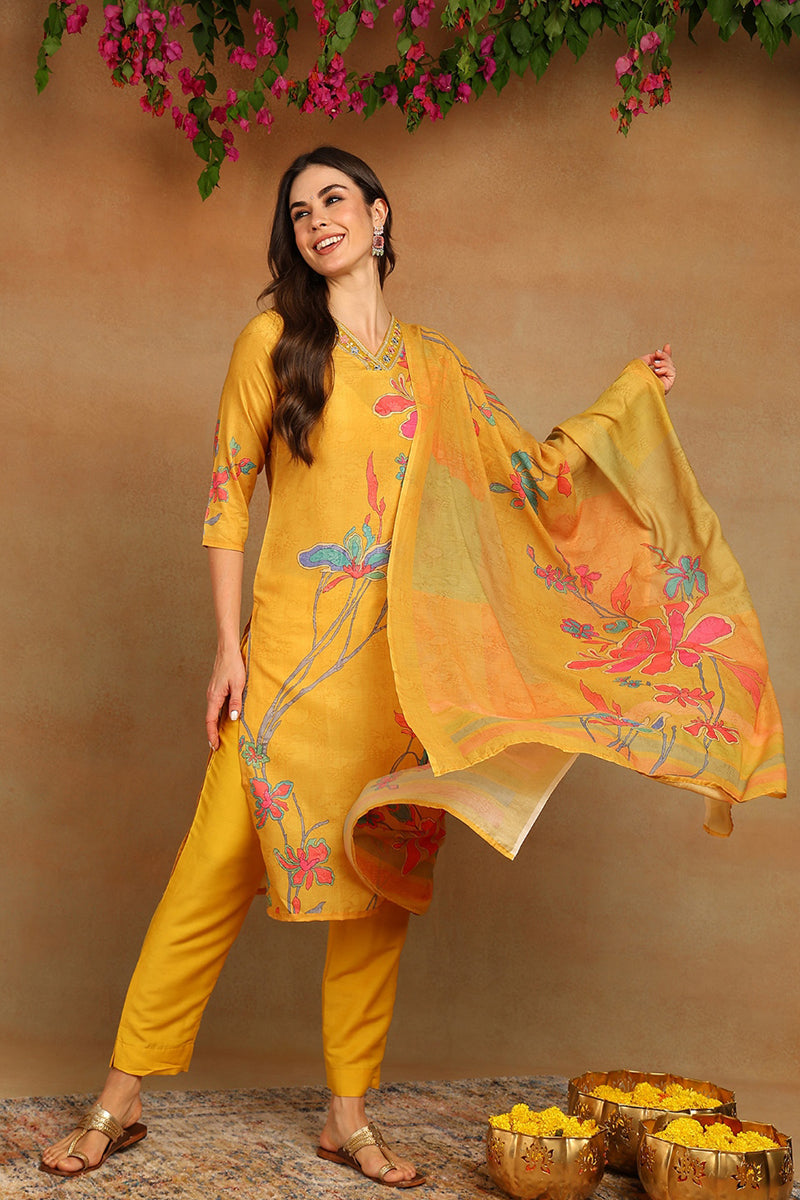 Mustard-Yellow-Rayon-Blend-Floral-Printed-Straight-3-Piece-Kurta-Set