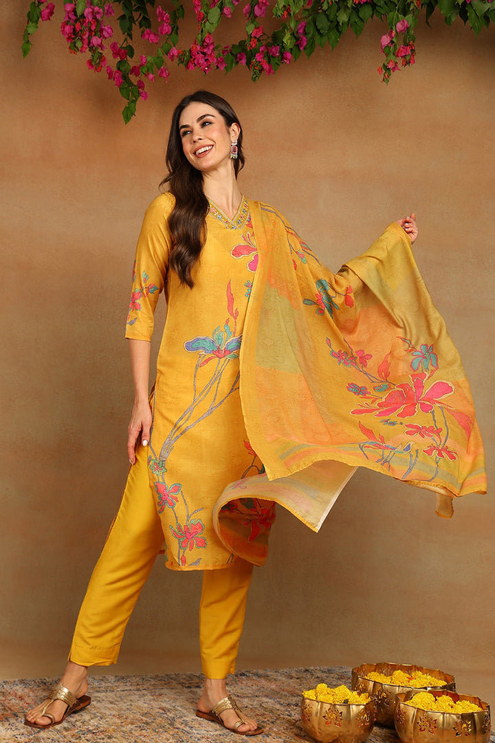 Mustard-Yellow-Rayon-Blend-Floral-Printed-Straight-3-Piece-Kurta-Set