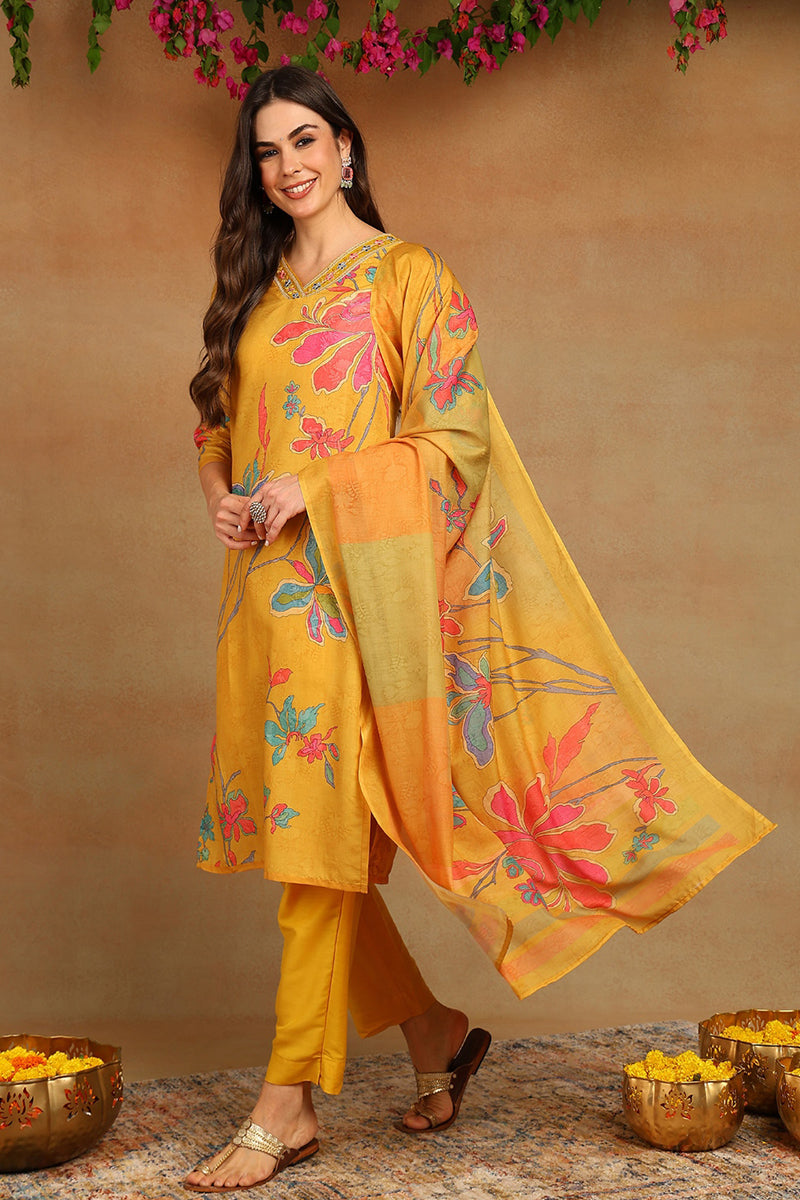 Mustard-Yellow-Rayon-Blend-Floral-Printed-Straight-3-Piece-Kurta-Set
