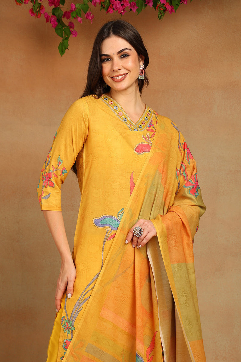Mustard-Yellow-Rayon-Blend-Floral-Printed-Straight-3-Piece-Kurta-Set