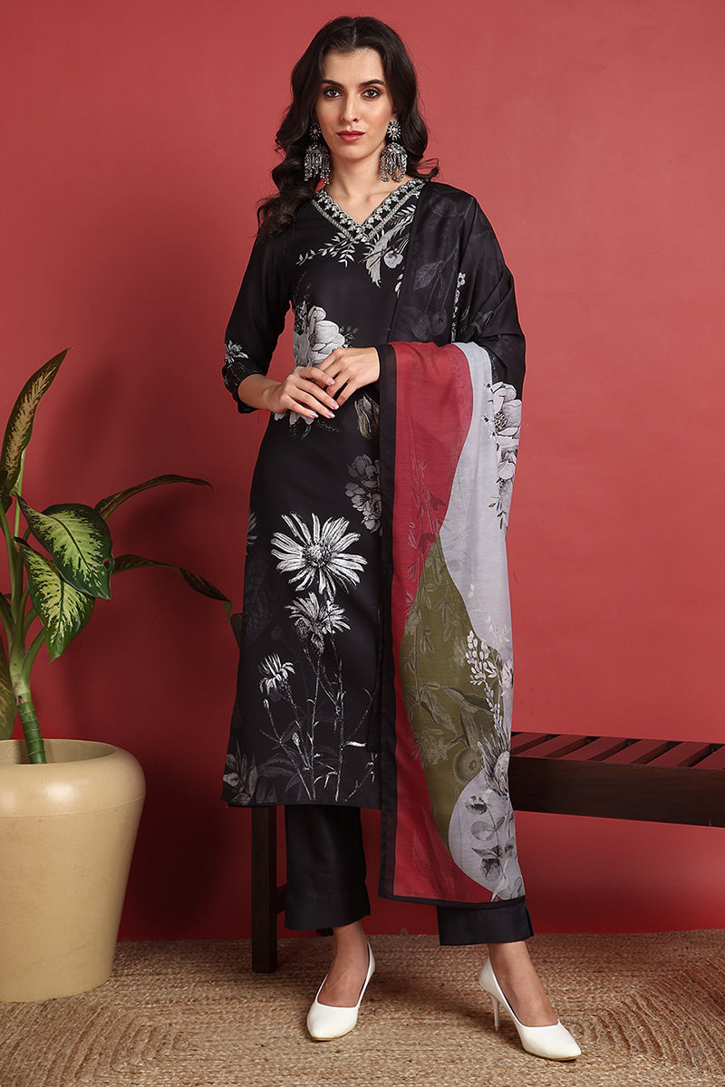 Black-Rayon-Blend-Floral-Printed-Straight-3-Piece-Kurta-Set
