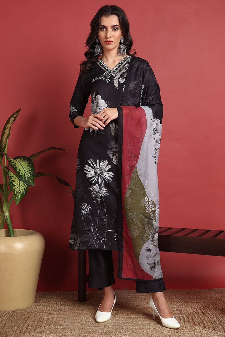 Black-Rayon-Blend-Floral-Printed-Straight-3-Piece-Kurta-Set