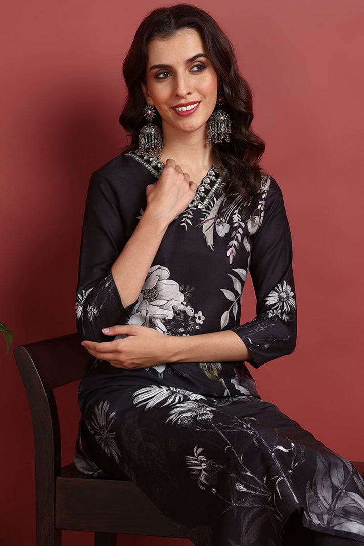 Black-Rayon-Blend-Floral-Printed-Straight-3-Piece-Kurta-Set