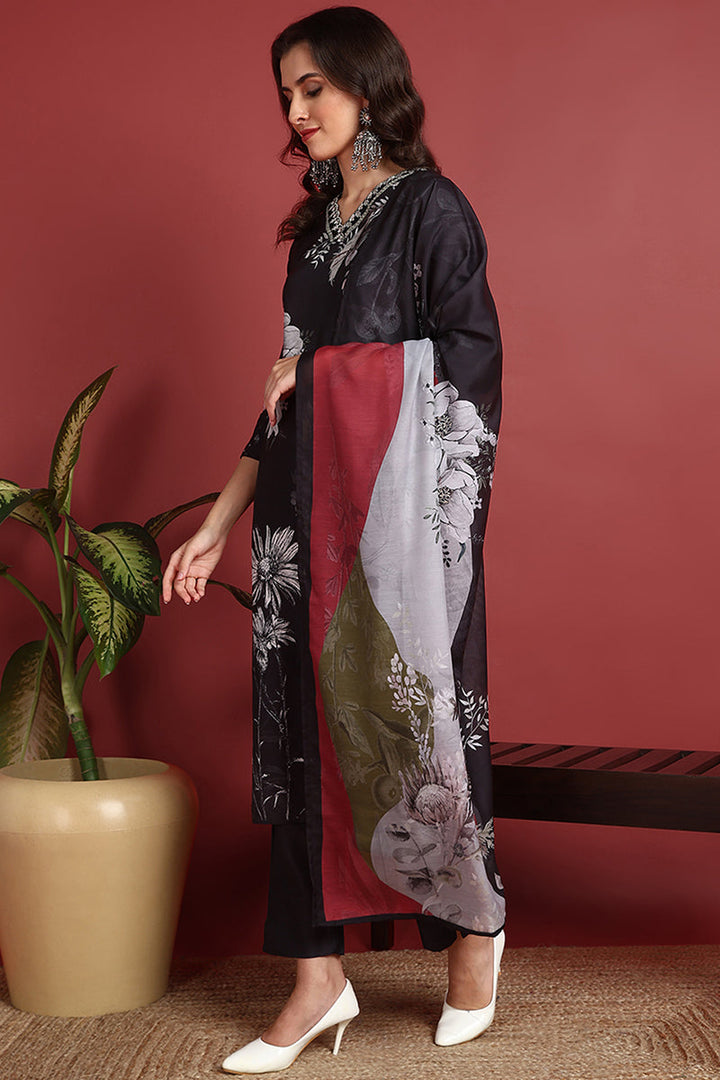 Black-Rayon-Blend-Floral-Printed-Straight-3-Piece-Kurta-Set