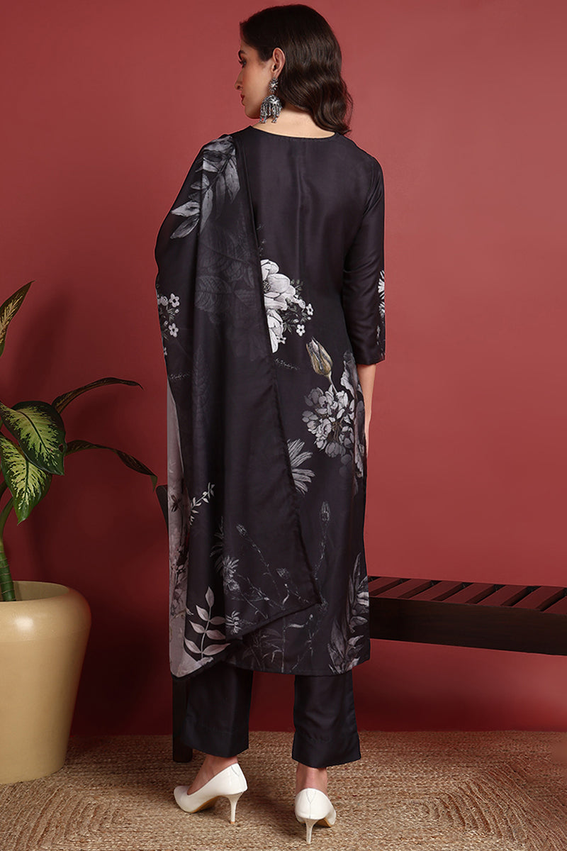 Black-Rayon-Blend-Floral-Printed-Straight-3-Piece-Kurta-Set