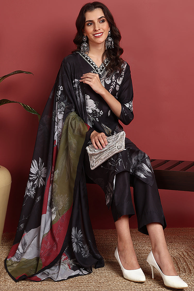 Black-Rayon-Blend-Floral-Printed-Straight-3-Piece-Kurta-Set