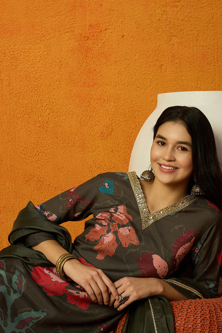 Olive-Rayon-Blend-Floral-Printed-Straight-Kurta-Set