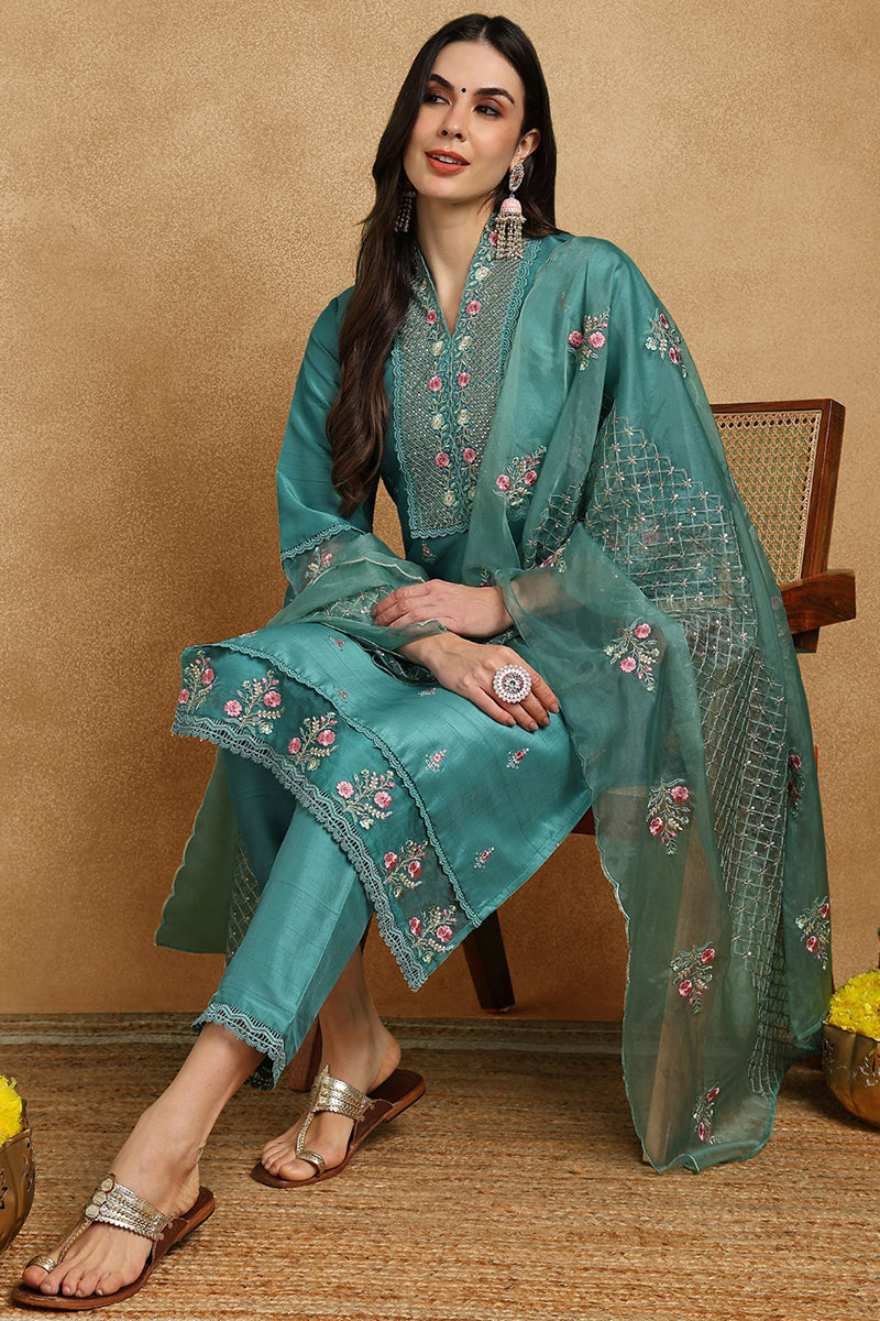 Teal-Silk-Blend-Solid-Embroidered-Straight-3-Piece-Kurta-Set
