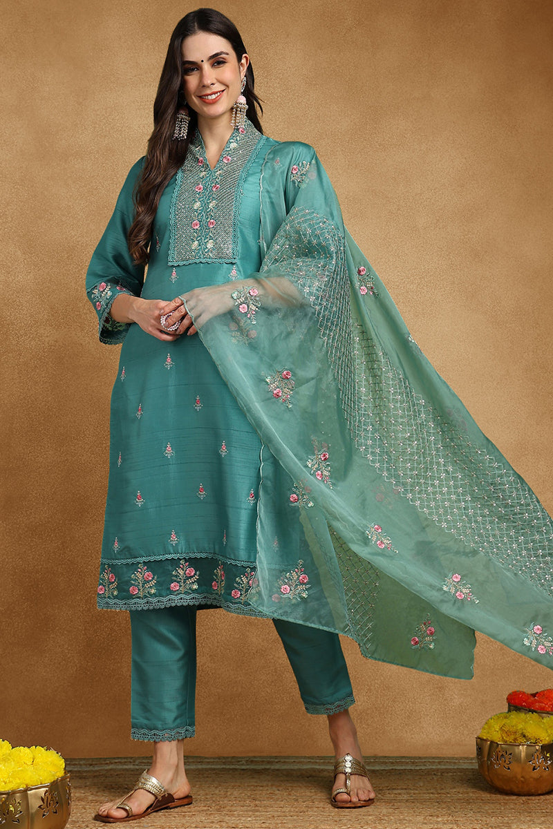 Teal-Silk-Blend-Solid-Embroidered-Straight-3-Piece-Kurta-Set