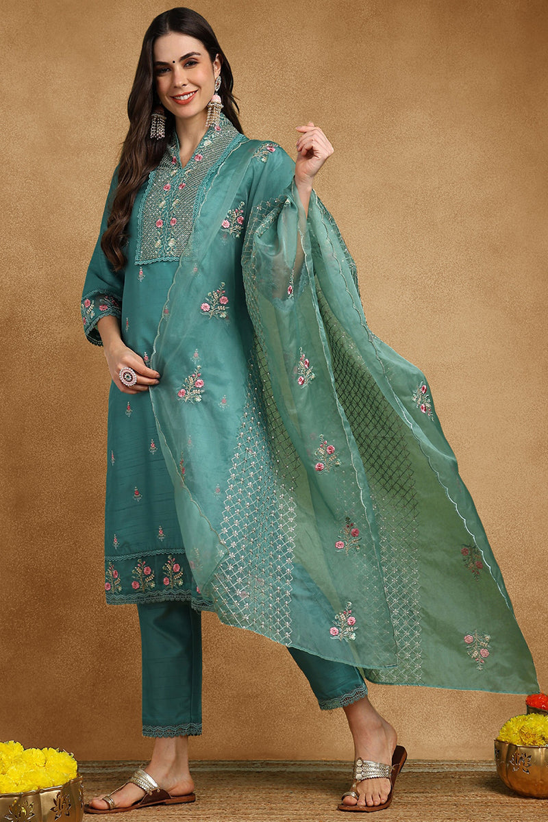 Teal-Silk-Blend-Solid-Embroidered-Straight-3-Piece-Kurta-Set