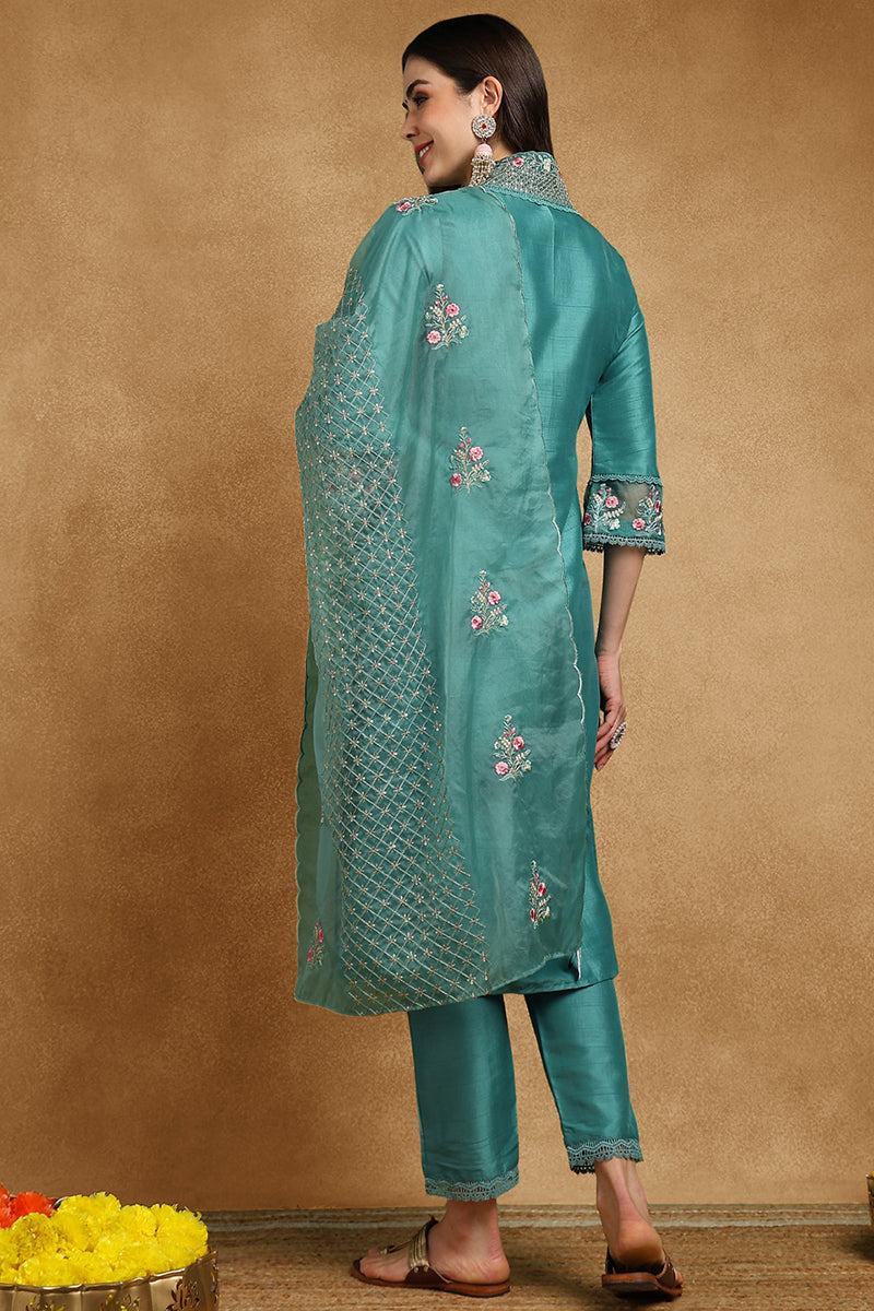 Teal-Silk-Blend-Solid-Embroidered-Straight-3-Piece-Kurta-Set