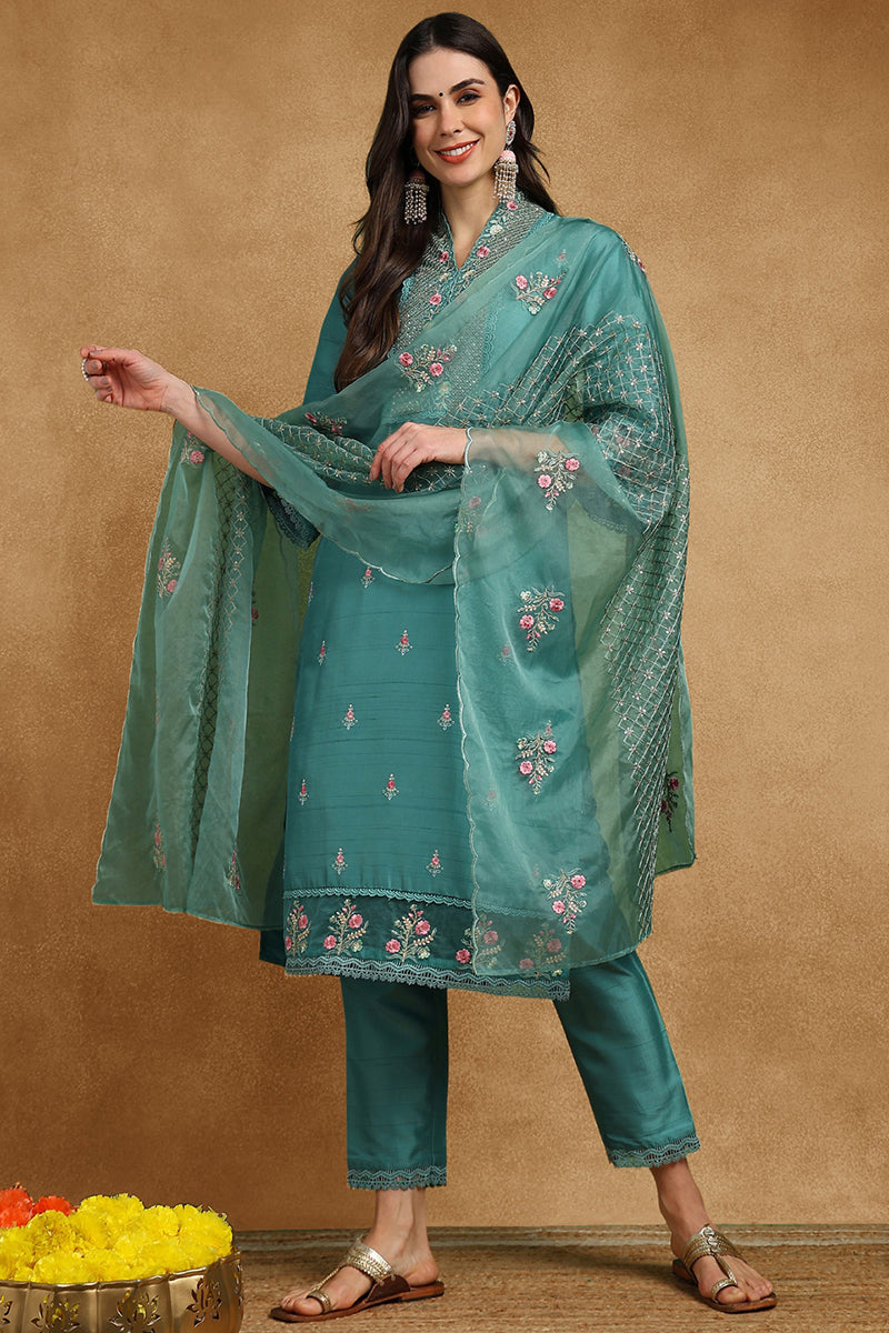 Teal-Silk-Blend-Solid-Embroidered-Straight-3-Piece-Kurta-Set