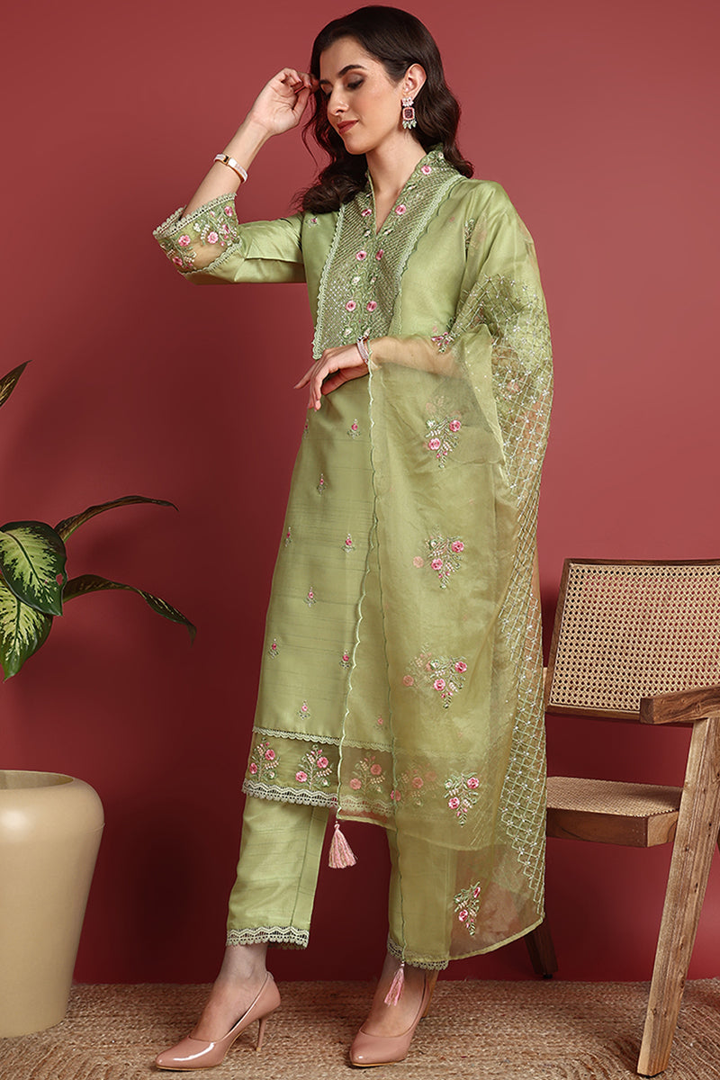 Green-Silk-Blend-Solid-Embroidered-Straight-3-Piece-Kurta-Set